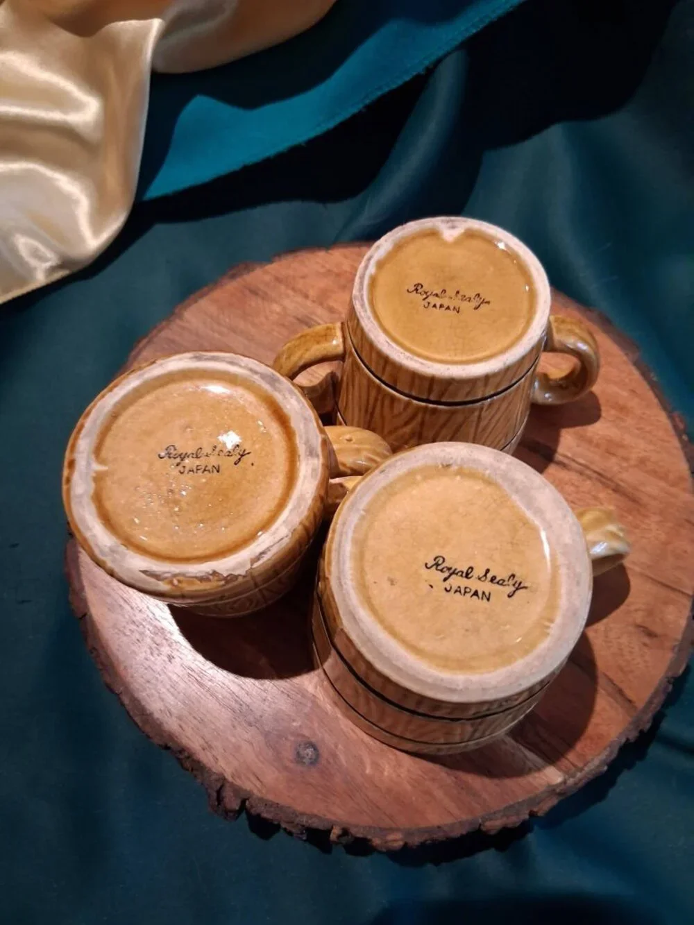 Vintage Royal Sealy Japan Faux Wood Grain Creamer Sugar Bowl Coffee Mug Set
